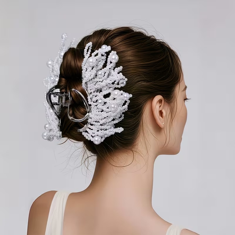 White Beaded Bridal Hair Claw Clip