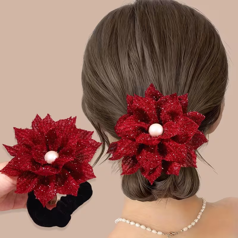 Red Velvet Lace Flower Hair Tie